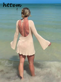 Tineit Sexy Knit Backless Beach Mini Dress Women Lace Up O-neck Long Flare Sleeve Vacation Dresses 2024 Summer Autumn Lady Solid Robes