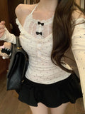 Tineit New Off  Shoulder Ruffled Polka Dot Casual Long Sleeve T-shirt Women + Bow Splicing Sexy Lace Camisole Two-piece Suit Chic