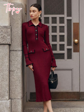 Tineit 2025 Fashion Burgundy Lapel Ruffles Knitted Midi Dress Women's Elegant Skinny Buttons Flare Sleeved Robe New Female Chic Vestido