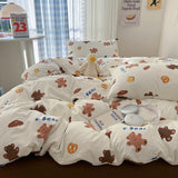 Tineit Ins Korean Cartoon Little Bear Cute Bedding Set Autumn Winter Polyester Bed Sheet Pillowcase Twin Full Queen Size Quilt Cover