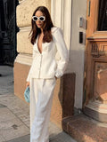 Tineit White Elegant Blazer Coat Pants Sets Women Deep V-neck Single Breasted Long Sleeve Jacket Wide Leg Suits Trousers Lady 2 Pieces