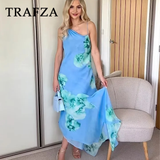 cold weather outfits Tineit 2024 Spring Summer Casual Print Women Dresses Fashion Beach Style Floral Diagonal collar Slim Camisole Trumpet Long Dress