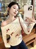 Tineit Autumn Winter Woman Korean Fashion Bow Pullovers Sweater Long Sleeve Knitwears Jumper Warm Vintage 2000s Aesthetic Christmas New