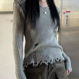 Tineit 2024 Fall Fashion Ribbed Tattered V Neck Sweater