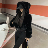 Tineit 2025 Women's Clothing Streetwear Black Crop Jackets High Waist Furry Korean Outwear Y2k Tops Hooded Fashion Casual Soft Coats