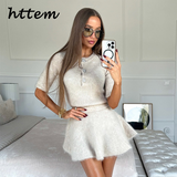 Tineit Fashion Mohair Cardigan Mini Skirt Sets Women Slim O-neck Single Breasted Sweater A-line Skirts 2024 Autumn Lady Knitted Outfits