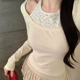 Tineit 2025 New Sweet Floral Fake Two Blouse Long Seleve Elegant Slim Tops Hot Girls Harajuku Casual Y2k Crop Tops Woman Chic