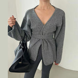 Tineit Gray Knitted Cardigan Women Bandage V-neck Long Sleeve Slim Casual Office Sweater 2025 Autumn Belts Coats Soft Elegant