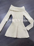 Tineit 2025 Women Sweater Sweet Slash Neck Off Shoulder Ruffles Autumn Winter Slim Stretch Elegant Knitted Tops Ladies Pullover