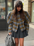 Tineit Plaid Chic Short Jacket Women Double Breasted Long Puff Sleeve O-neck Loose Street Coat Female Woolen 2025 Autumn Outwear Top