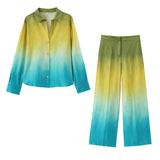 thanksgiving outfit Tineit 2024 Summer New Product Women's Casual Tie Dyed Silk Satin Texture Shirt High Waist Straight Leg Pants Casual Set