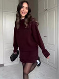 Tineit Elegant Knitted Sweater Skirt Sets Women O-neck Long Sleeve Loose Sweaters Mini Skirts Suits 2 Pieces 2025 Spring Lady Outfits