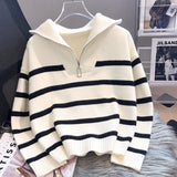 thanksgiving outfit Tineit Korean Striped Knit Pullover Women Half Zip Casual Loose Lazy Autumn Winter Jumpers Pretty Style Basic Warm Female Sweater