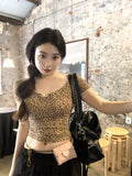 Tineit 2025 Summer New Leopard Y2k Crop Tops Women 2000s Basic Outwear Vintage T-shirt Korean Fashion Casual Sexy Backless Tops Chic