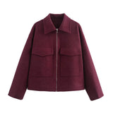 cold weather outfits Tineit 2024 Autumn Winter Casual Women Wine Red Jackets Fashion Streetwear Zipper Pockets Turn Down Collar Chic Ladies Jackets