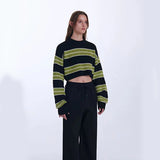 thanksgiving outfit Tineit Y2K Green Striped Crop Knit Sweater Women Korean Vintage Streetwear Long Sleeve Pullover Female Loose All-Match Short Jumper