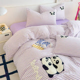 Tineit Striped Bedding Set Full Size Cartoon Duvet Cover for Kids Purple Bed Sheet Set Single Size Panda Towel Embroidery Bedding Sets