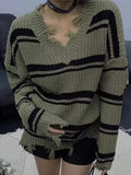 Tineit Striped V Neck Frayed Tassel Knit Sweater