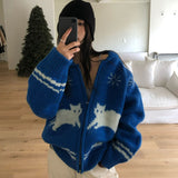 Tineit Cartoon Embroidery Knitted Cardigans Women Zipper Loose O-neck Long Sleeve Striped Sweater Female Chic Casual Coat Top Spring