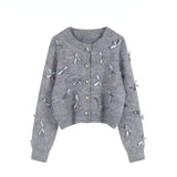 Tineit 2025 Autumn Winter Women Temperament High Soft Mohair Knitted Cardigan Fragrant Coat Casual Tops Korean Grey Bow Sweater