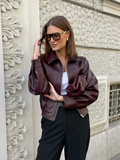 Tineit Chic Retro Solid Front Zipper Short Pu Leather Jacket Women Fashion Lapel Long Sleeved Cropped Coat Ladies Fall Streetwear ï»?024