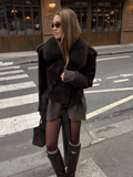 Tineit Vintage Brown Faux Fur Collar Suede Short Jacket For Women Fashion Lace Up Long Sleeve Cropped Coat Retro Female 2024 Streetwear