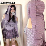 Tineit Y2k Millennium Purple Striped Long Sleeve T-shirt Girl Spring Design Niche Spicy Girl Hooded Slim Fit Rabbit Ear Tops