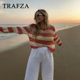 cold weather outfits Tineit 2024 Spring Summer Casual Patchwork Women Sweaters Fashion Streetwear O Neck Crochet Striped Chic Ladies Loose Sweaters