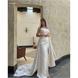 Tineit Customized White Beaded Side Slit Veil robes de soirée Strapless Satin Party Dresses Floor-Length Trailing Prom Dress-(PRE-ORDER)