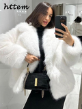 Tineit Street Women's White Faux Fur Coat Loose Lapel Long Sleeve Female Furry Jacket 2024 Autumn Winter Lady Luxury Plush Overcoat New