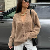 Tineit Mohair Furry Fashion Cardigan Women Single Breasted V-neck Loose Solid Long Sleeve Sweater 2025 Autumn New Chic Street Coat Top