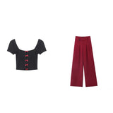 Tineit 2025 Summer Korean Fashion Pants Sets Woman Bow Dot Y2k Crop Tops + Casual Red Pants Hot Girls Aesthetics Elegant Suit Chic