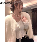 Tineit Cropped Cardigan Clothes Sweet Ruffles White Sueter V-neck Long Sleeve Tunic Pull Femme Drawstring Knit Sweater Tops