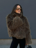 Tineit 2024 Dark Green Chic Stand Collar Fluffy Faux Fur Coat Women's Fashion Full Sleeve Winter Warm Short Jacket Female New Outerwear