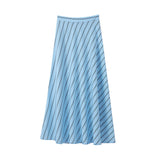 Tineit Elegant Stripe Print Skirt Set Women Fashion Belt Lantern Sleeve Shirt Pleated Long Skirts 2024 Spring Summer Casual Lady Outfit