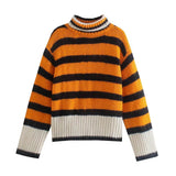 Tineit Striped Knitted Contrast Color Sweater Women Turtleneck Knitted Loose Long Sleeve Pullover Tops Female 2025 Winter Chic Jumper