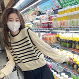 thanksgiving outfit Tineit Black White Striped Knitted Sweater Women Korean Fashion Lantern Sleeve Fall Winter Sweet Fake Two-Piece Pullover School Jumpers