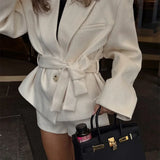 Tineit Twill Elegant Women Blazer Coat With Belts Full Sleeve Notched Button Up Lady Jacket 2025 Pocket Spring Office Female Outwear