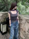 Tineit Basic Grey Y2k Crop Tops Office Lady Slim Bodycon T Shirts Casual Korean Fashion Party Tees Woman Short Sleeve 2025 Summer Chic