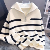 thanksgiving outfit Tineit Korean Striped Knit Pullover Women Half Zip Casual Loose Lazy Autumn Winter Jumpers Pretty Style Basic Warm Female Sweater