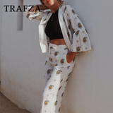 cold weather outfits Tineit 2024 Spring Summer Casual Women Embroidery Suits Fashion Solid Flare Sleeve Open Stitch Blazers+Mid Waist Wide Leg Pants