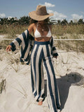 Tineit Casual Knit Stripe Pants Sets Women Loose Lapel Button Shirt Wide Leg Hollow Out Pant 2024 Summer Lady Fashion Beach Outfits New