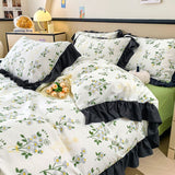 Tineit Ink Style A-class Skin Friendly Washed Cotton Four Piece Set With Lotus Leaf Lace Bedding, Bedsheet, Duvet Cover, Single Bed