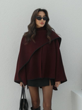 Tineit Burgundy Chic Contrast Edge Scarf Collar Woolen Jacket Elegant Women's Long Sleeve Loose Coat 2025 New Fall Lady Fashion Outwear