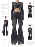 christmas outfit Tineit Women Vintage Baggy Cargo Flare Jeans High Waist Denim Trouser Emo 2000s Y2k Harajuku 90s Black Gothic Jean Pants Trashy Clothes