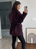 Tineit Elegant Burgundy Blazer Coat Women Notched Single Breasted Belts Long Sleeve Vintage Jacket Female 2025 Spring All-match Outwear