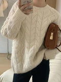 Tineit Solid Crew Neck Cable Knit Sweater