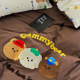 Tineit Mocha Bear Embroidery Bedding Set Twin Queen Duvet Cover Set Pillowcases for Adult Kids Bed Flat Sheet Cute Quilt Cover Kawaii