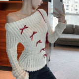 Tineit Autumn Winter Woman Korean Fashion Bow Pullovers Sweater Long Sleeve Knitwears Jumper Warm Vintage 2000s Aesthetic Christmas New