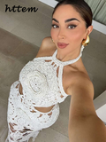 Tineit Sexy Crochet Floral Hollow Out Long Dress Women Halter Backless Lace Up Female Beach Dresses 2024 Summer Lady Holiday Party Robe